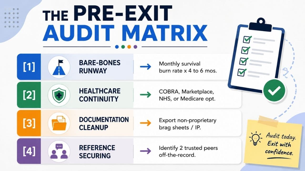 Pre-exit audit checklist covering financial runway, healthcare continuity, documentation cleanup, and professional references before leaving a job.