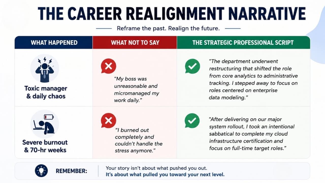 “Career realignment narrative showing how to professionally explain workplace challenges and career changes during a job interview.”