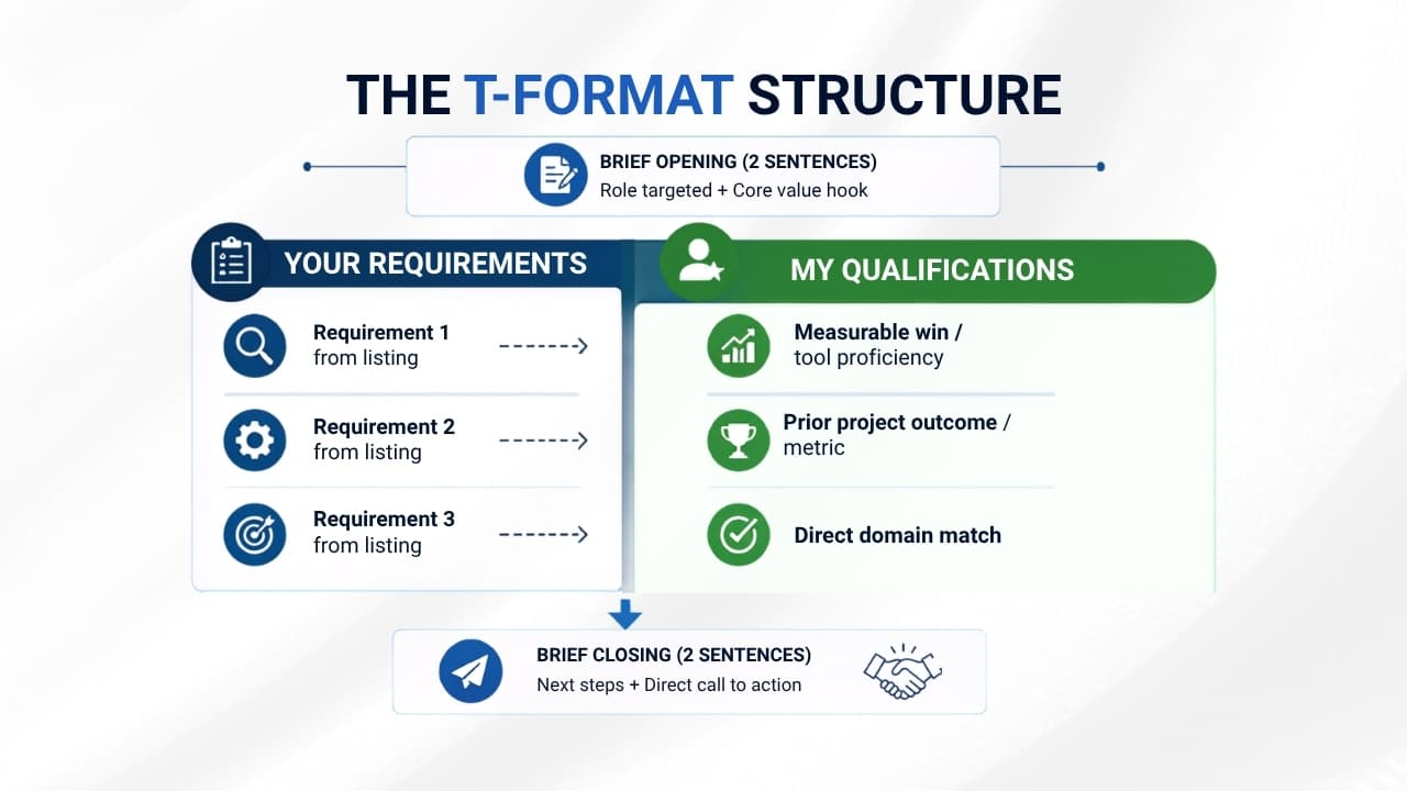 Professional T-format cover letter structure showing how to match job requirements with qualifications, measurable achievements, project outcomes, and relevant