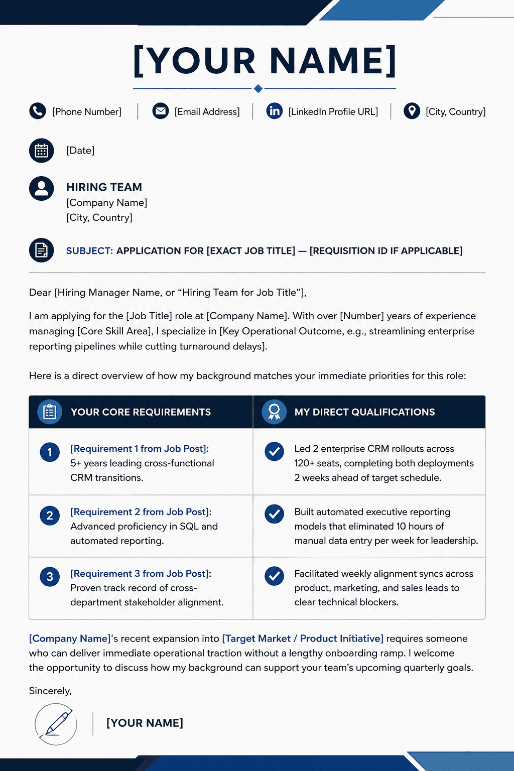 Professional cover letter template matching job requirements with candidate qualifications and achievements.