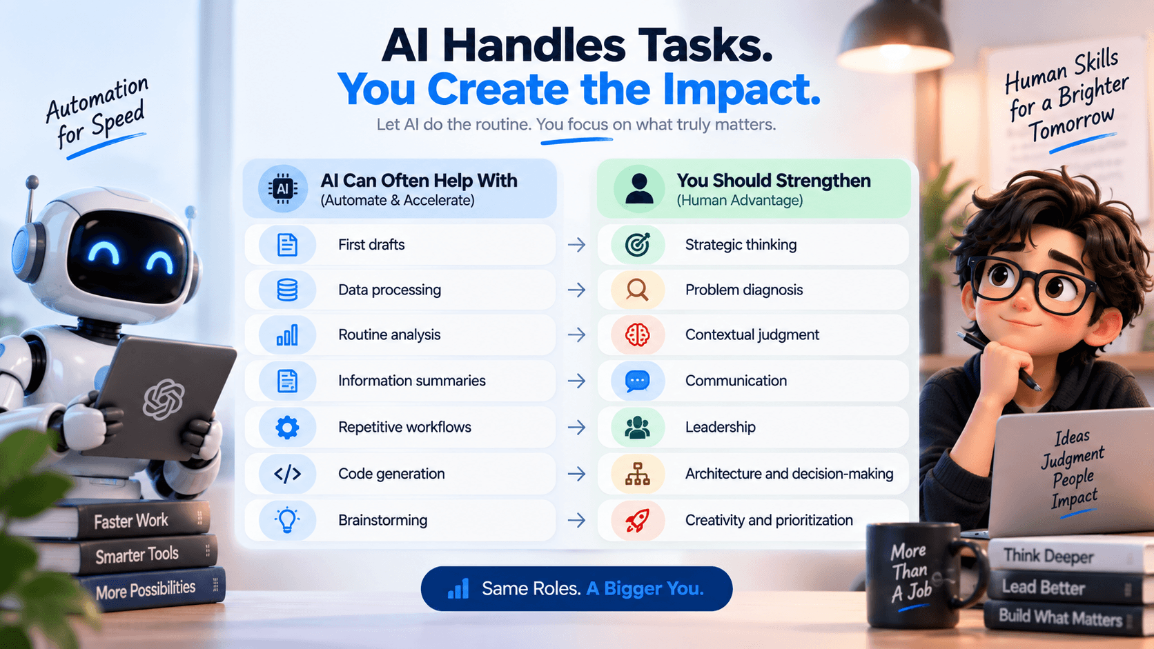 Compare AI-automated tasks with human skills like strategic thinking, communication, leadership, creativity, and decision-making to future-proof your career.