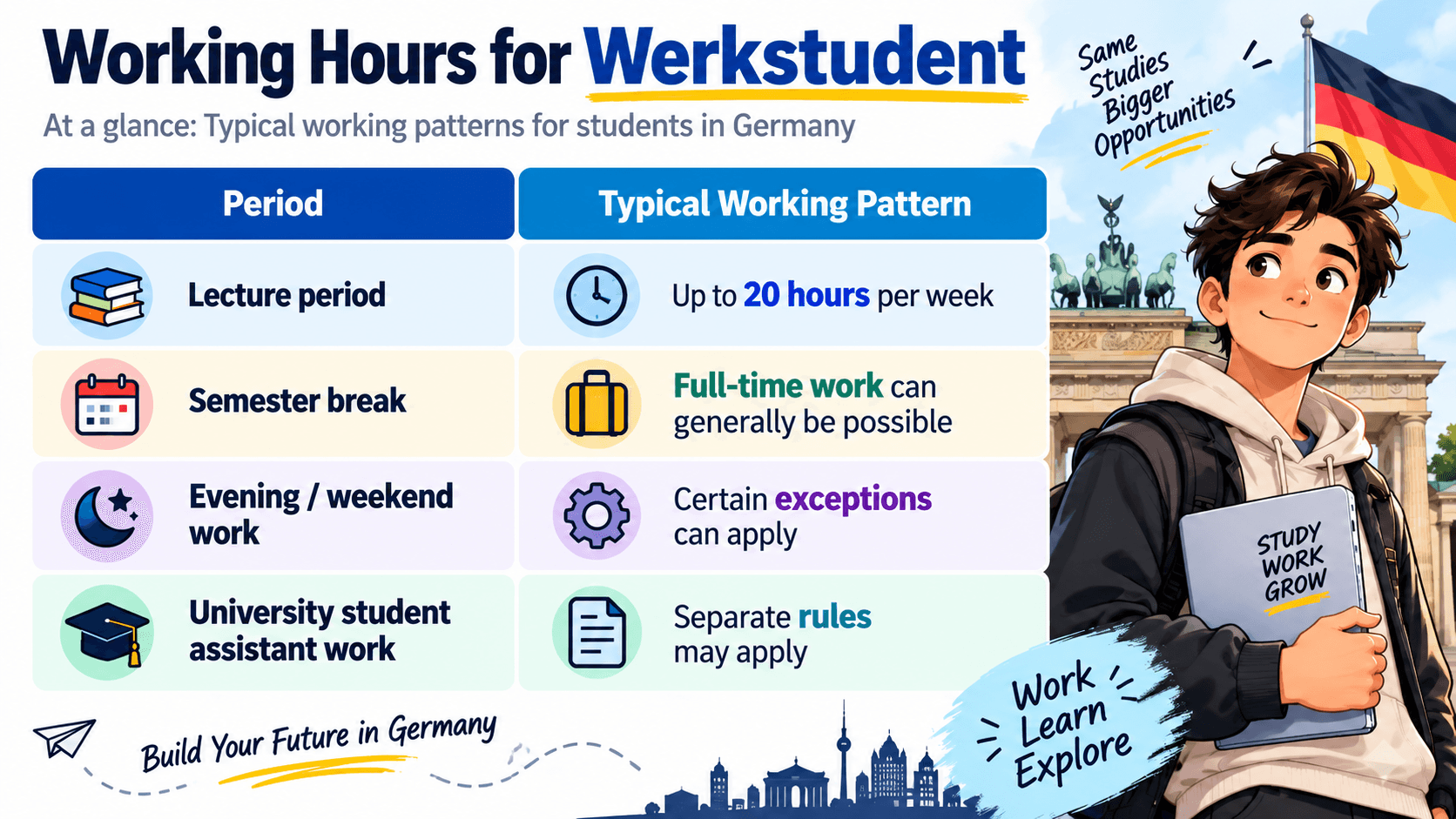 Understand Werkstudent working hours in Germany, including the 20-hour weekly rule, semester breaks, exceptions, and student assistant work.